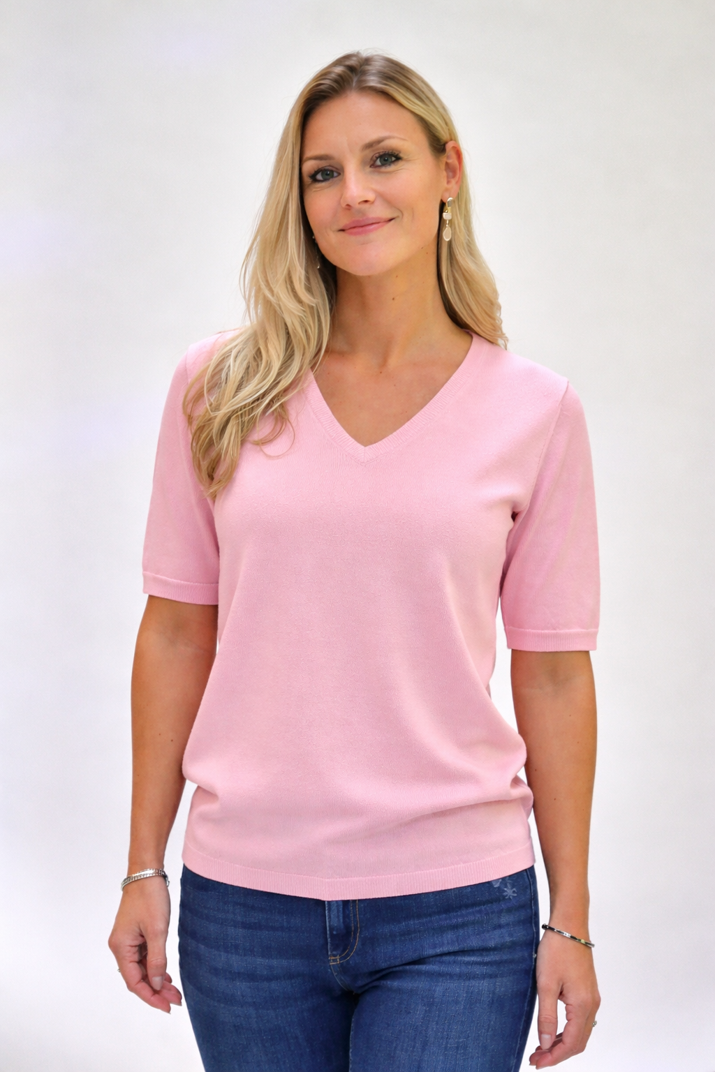 Chanti v-neck lurex basic shirt s/s Candy