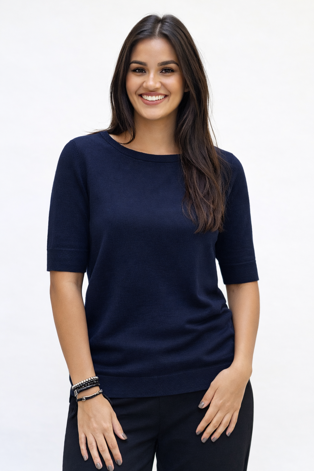 Graz fancy button back 1/2 sleeve sweater Dark Navy