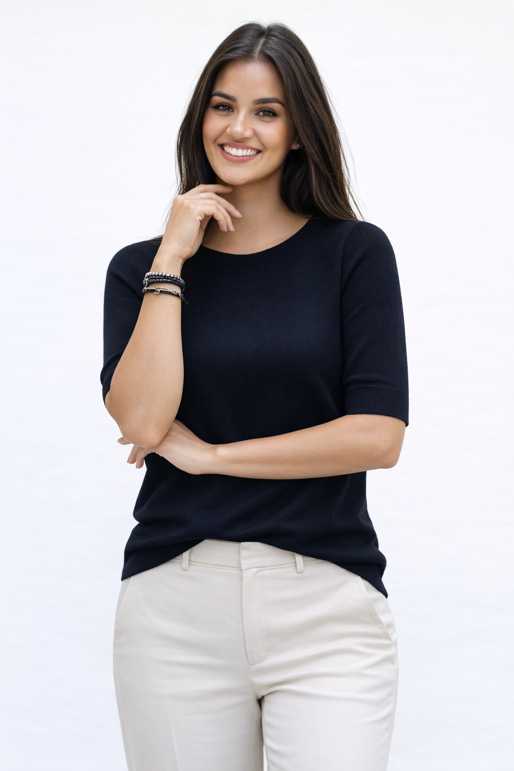 Graz fancy button back 1/2 sleeve sweater Black