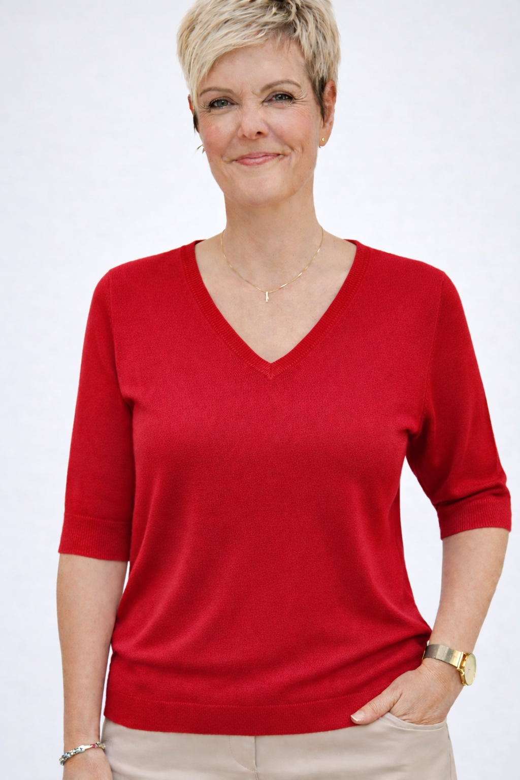 Lies v-neck fine knitted 1/2 sleeve Scarlet
